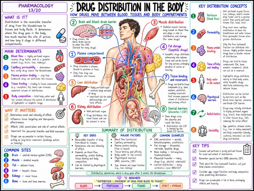 Pharmacology 13/20: Drug Distribution in the Body — Blood Flow, BBB, Protein Binding & Reservoirs