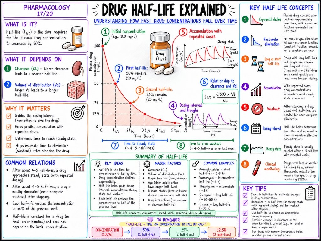 Pharmacology 17/20: Drug Half-Life Explained — Clearance, Volume of Distribution & Dosing Intervals